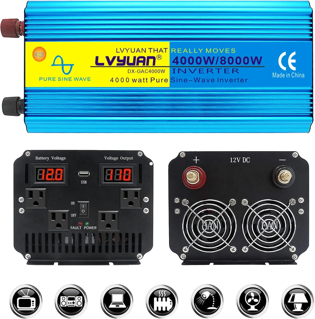4000W Pure Sine Wave Power Inverter 12V DC to 110V 120V AC with 4 AC Outlets and 3.1A USB Port V9502