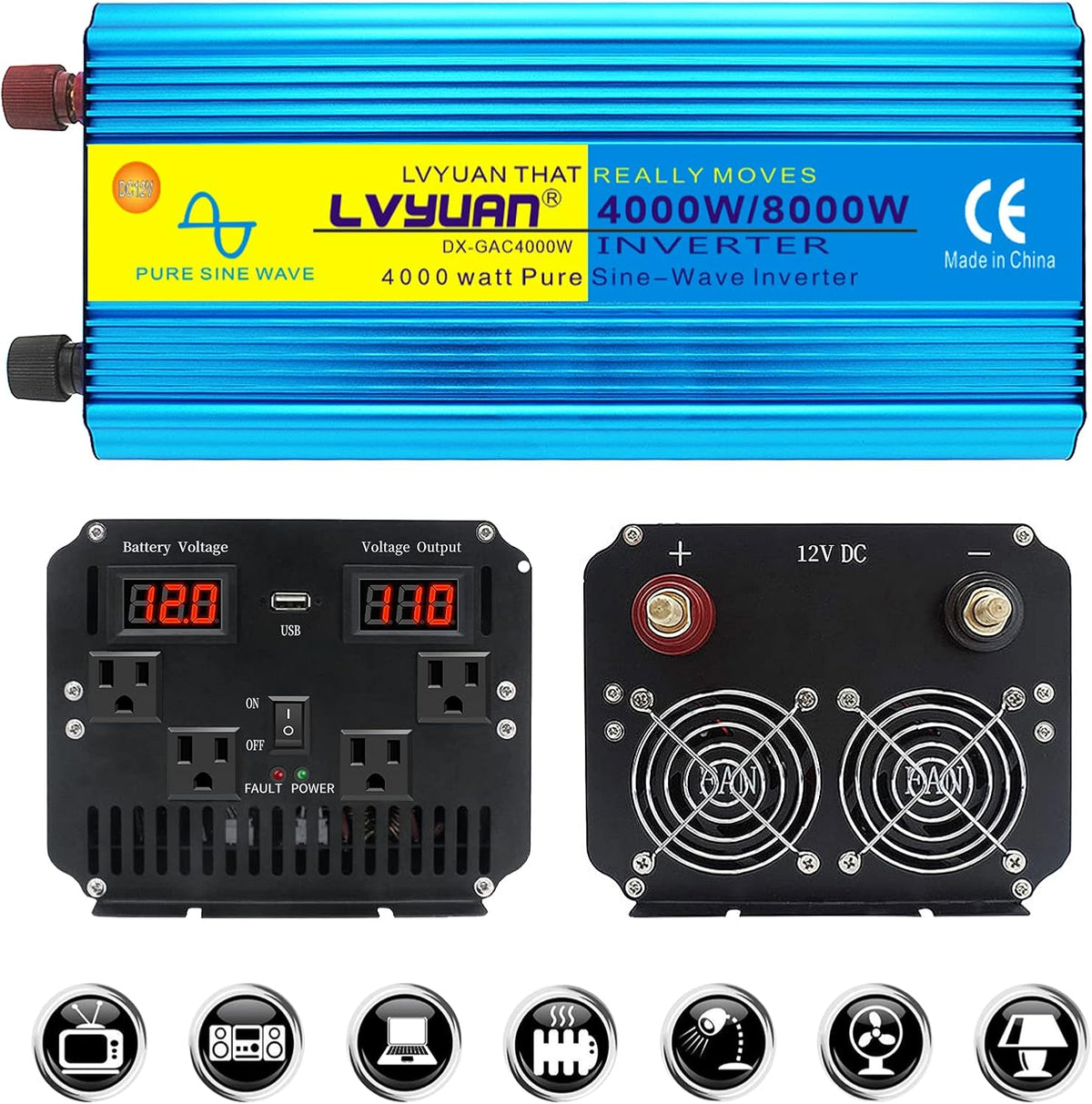4000W Pure Sine Wave Power Inverter 12V DC to 110V 120V AC with 4 AC Outlets and 3.1A USB Port V9502