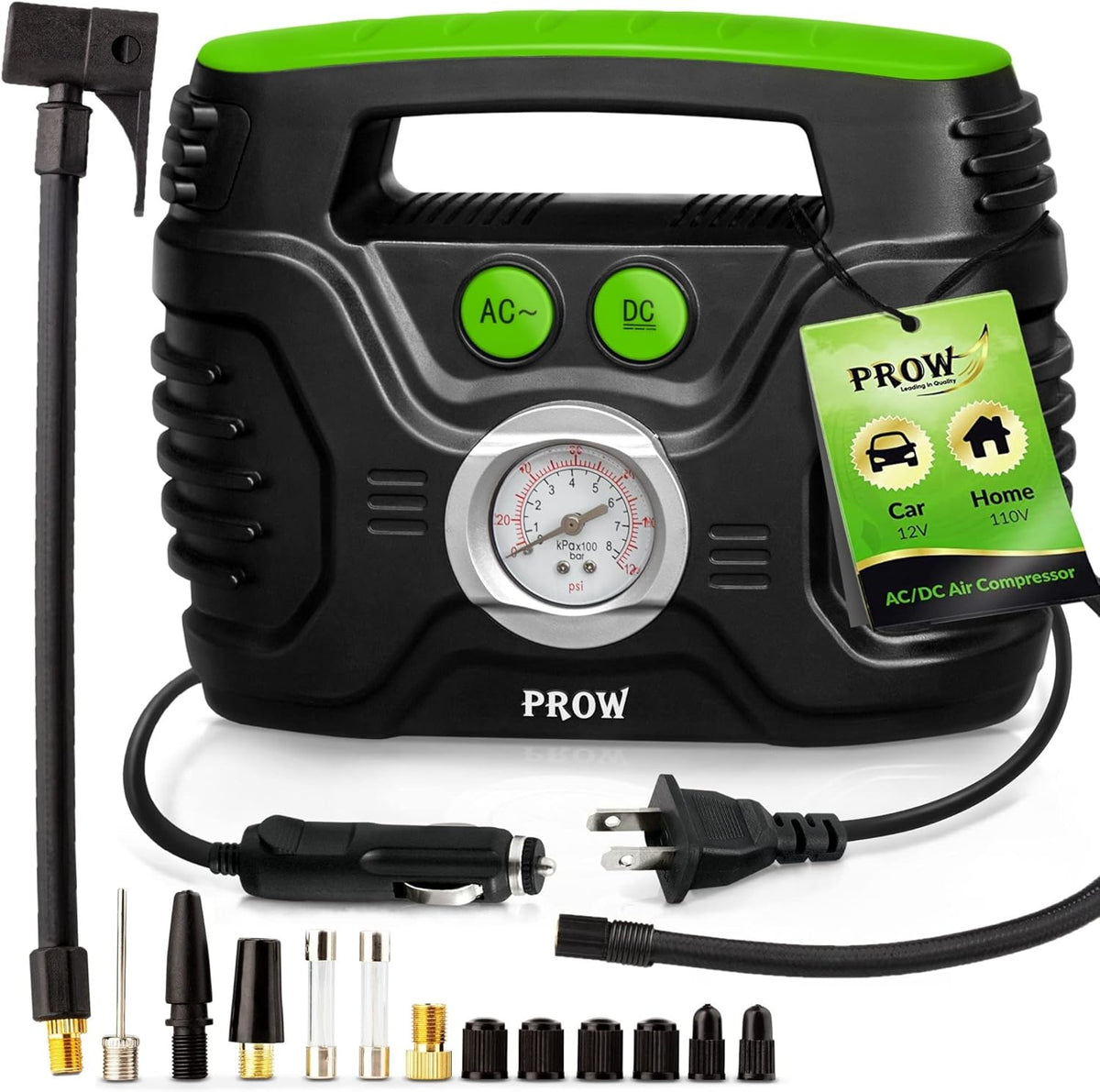 Electric Air Compressor Portable Tire Inflator 12V 110V Car and Bike Pump Presta and Schrader Valve Analog Pressure Gauge B9960