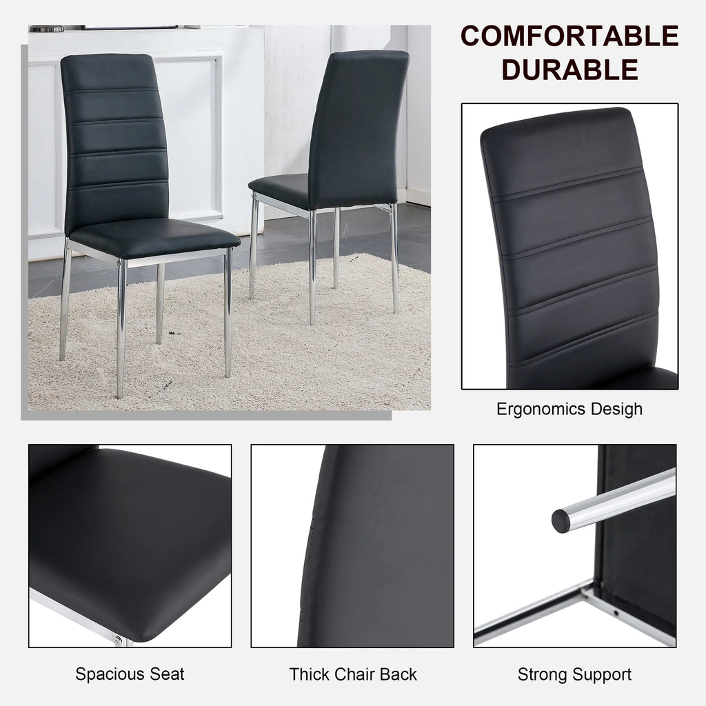 5 Piece Glass Dining Table Set with 4 Black PU Leather Chairs and Metal Legs I27734
