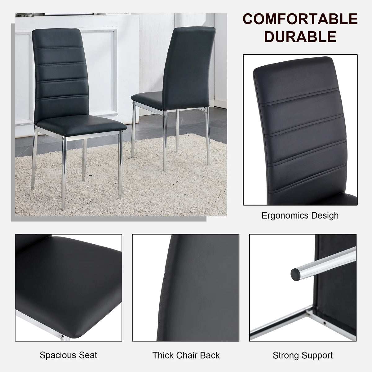 5 Piece Glass Dining Table Set with 4 Black PU Leather Chairs and Metal Legs I27734