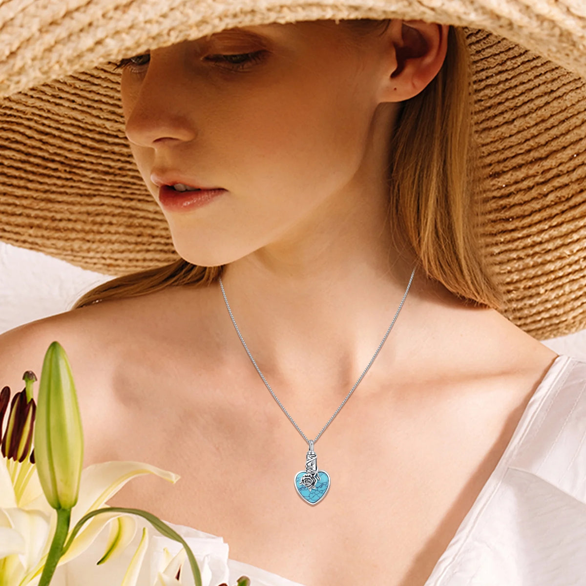 Natural Turquoise Urn Necklace Sterling Silver Heart Pendant Necklaces for Ashes U627330