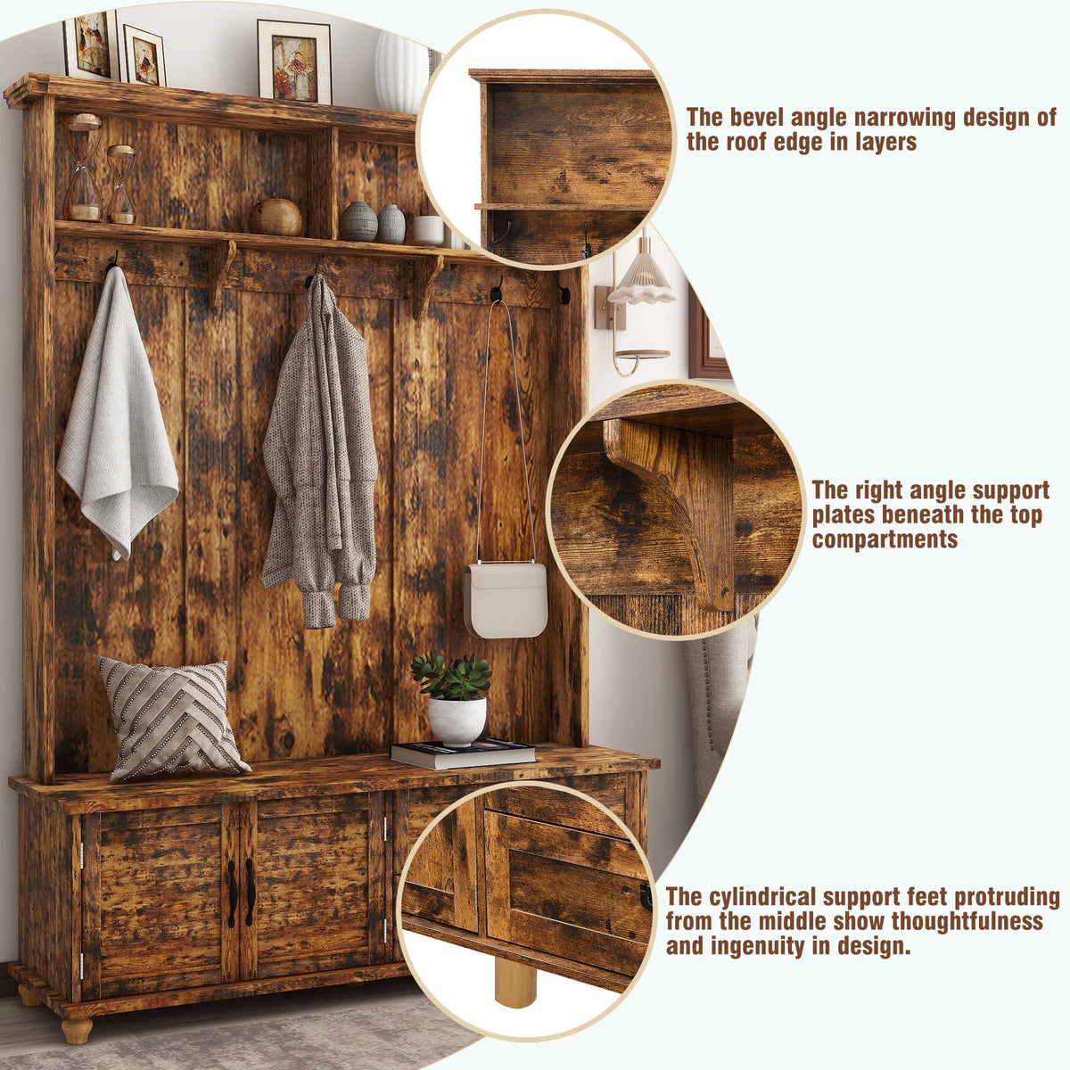 Rustic Brown Hall Tree with Storage Cabinet and 2 Drawers W56852