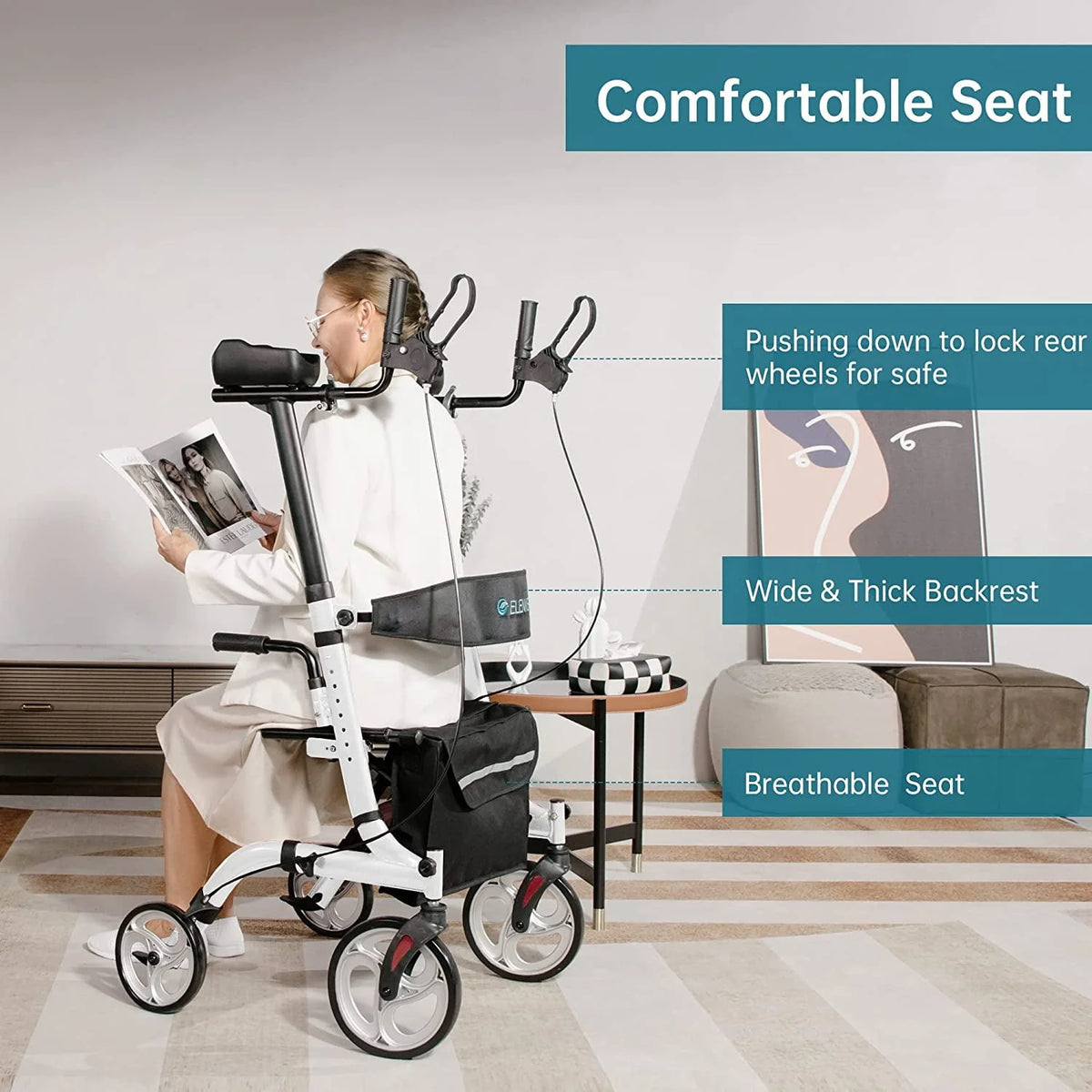 Upright Folding Rollator Walker with Seat, White Z5761