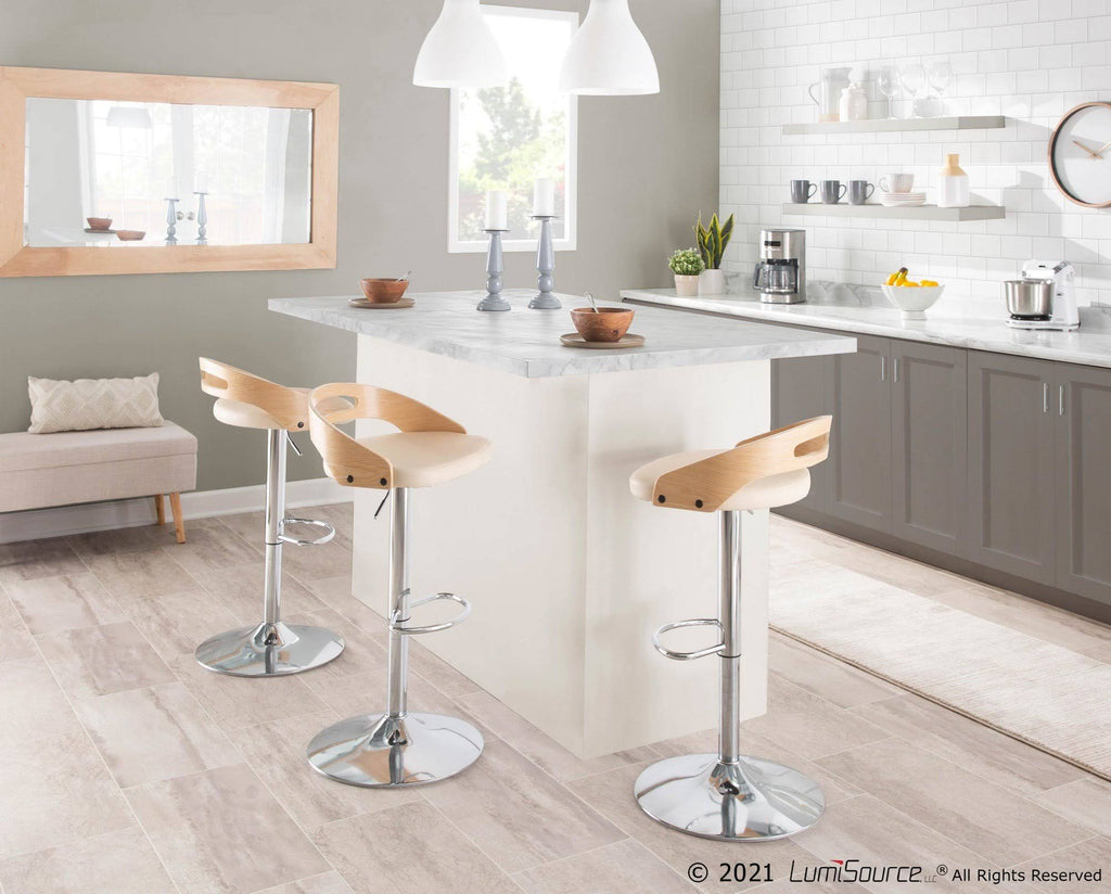 Chrome Natural Wood Cream PU Barstool T55250