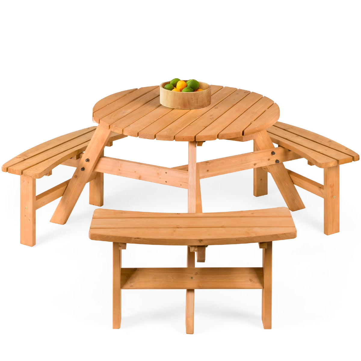 6-Person Circular Wooden Picnic Table with 3 Built-In Benches U144892