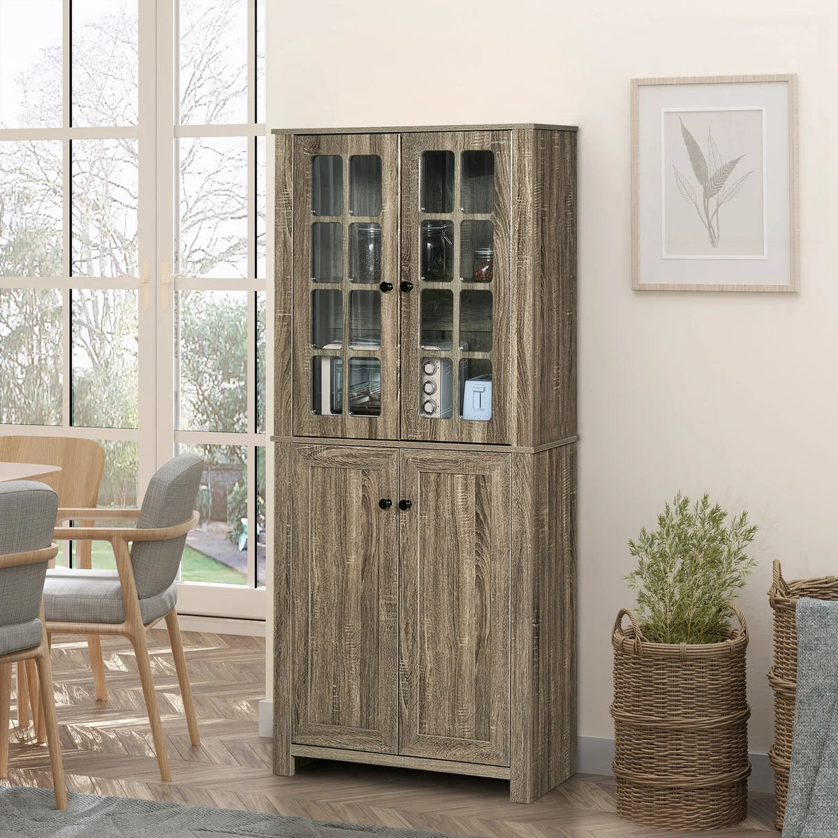 Kitchen Pantry Storage Cabinet with Glass Doors Q419280