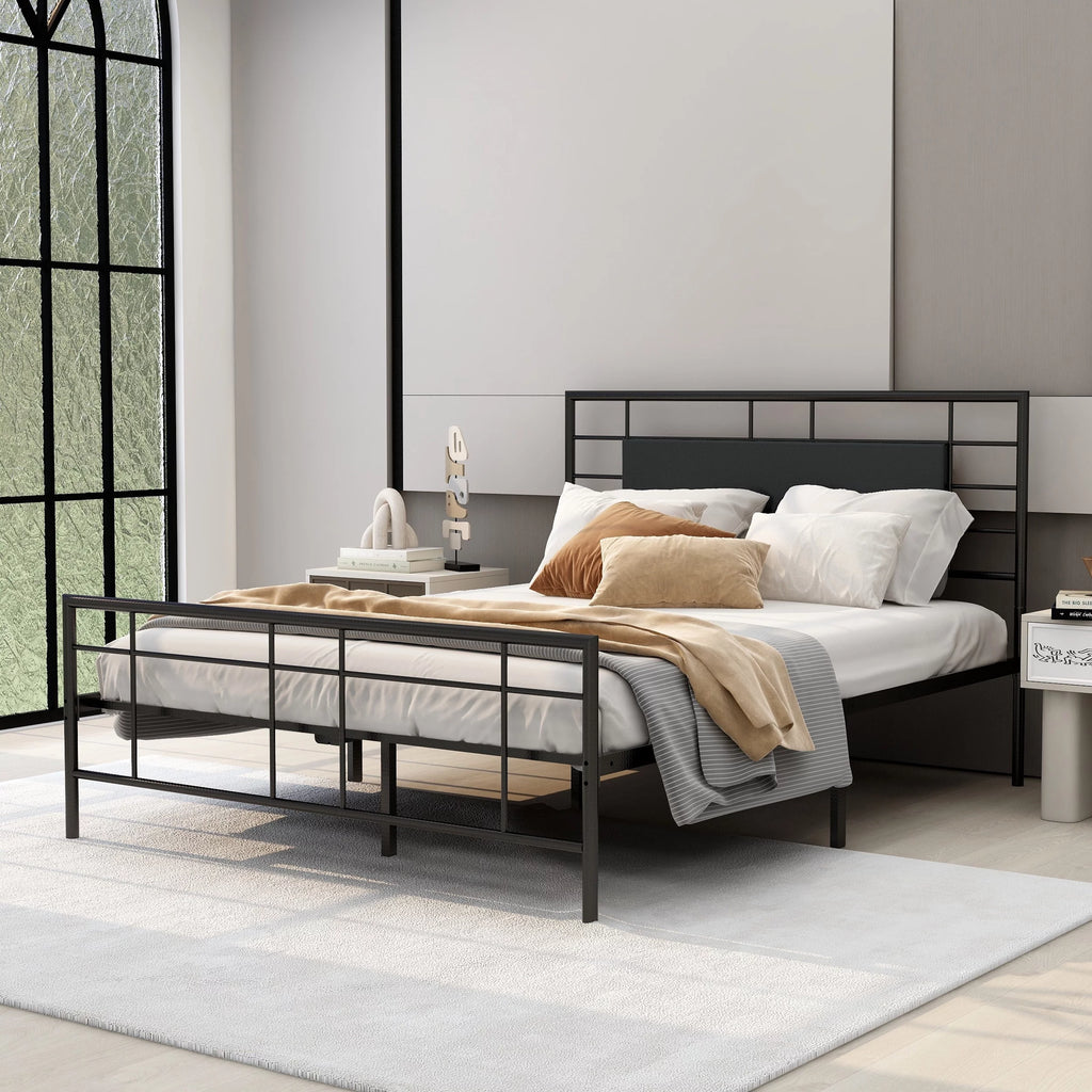 Queen Size Black Metal Platform Bed Frame with Leather Upholstered Headboard W842942
