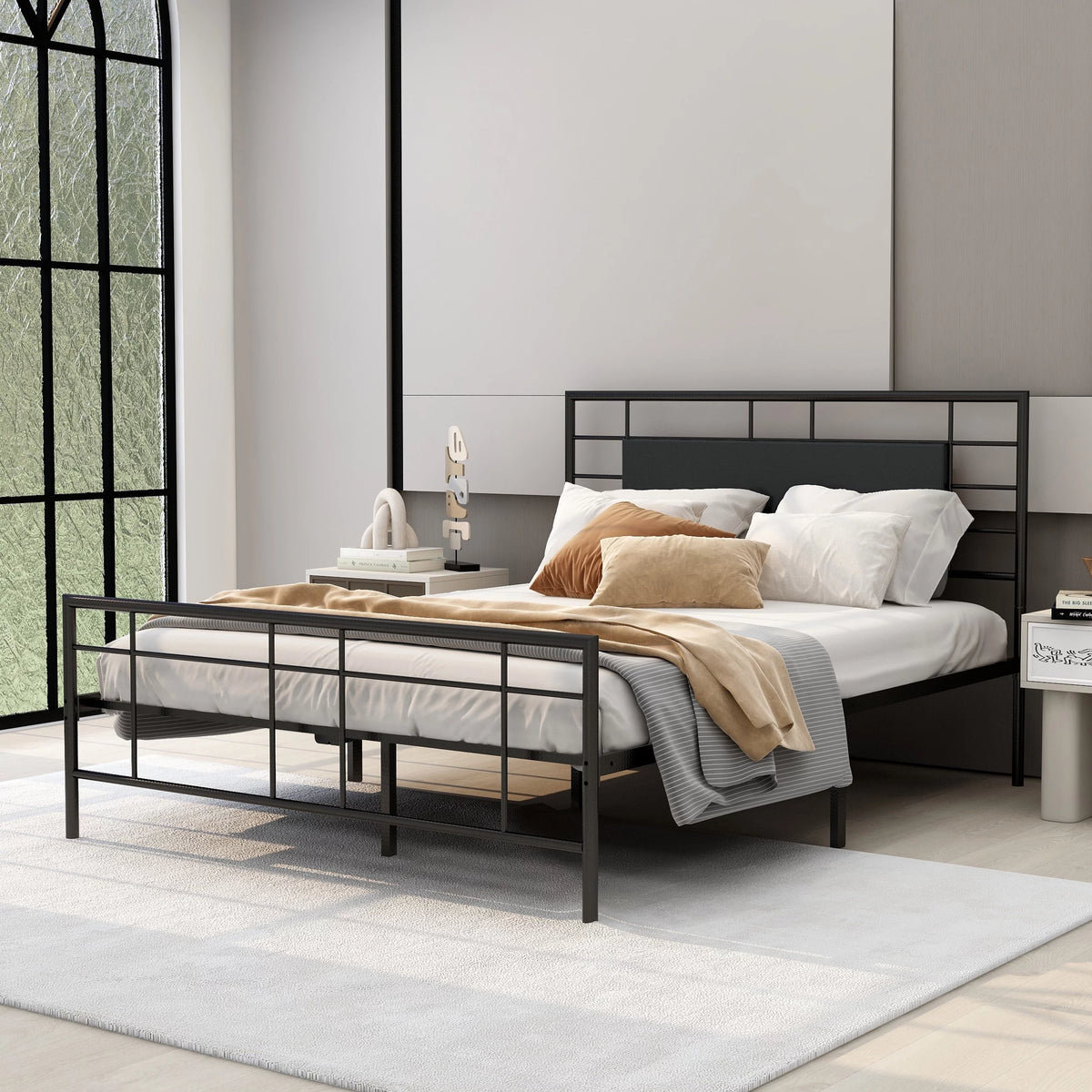 Queen Size Black Metal Platform Bed Frame with Leather Upholstered Headboard W842942