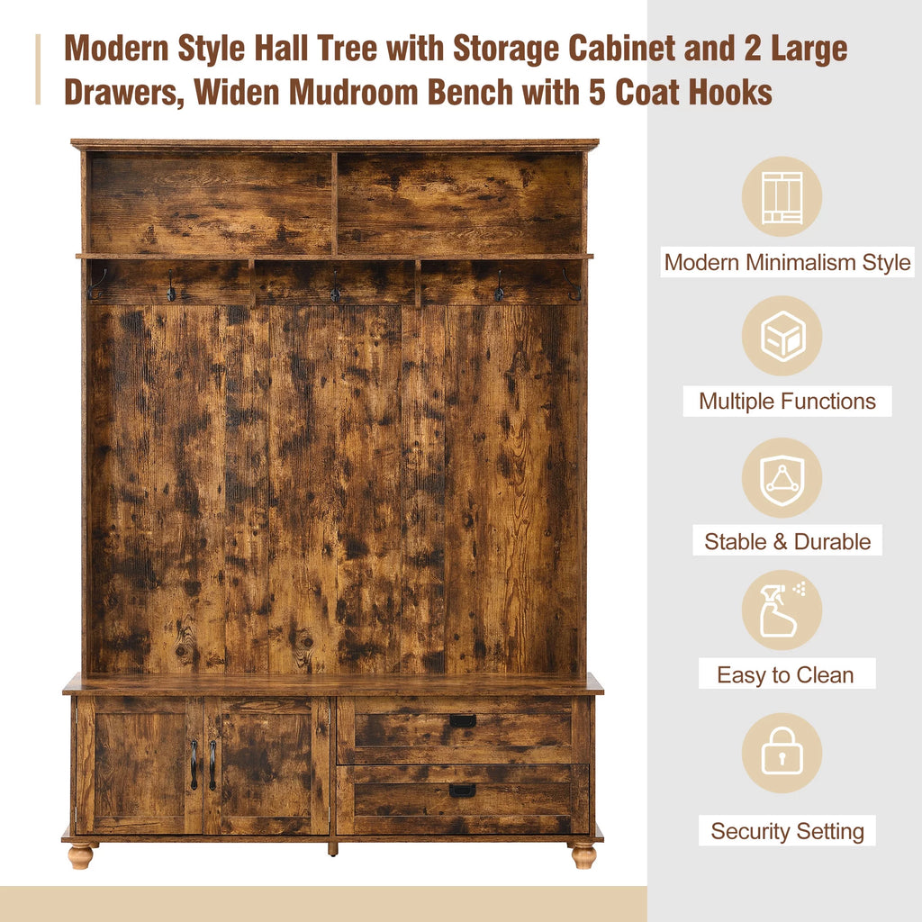 Rustic Brown Hall Tree with Storage Cabinet and 2 Drawers W56852
