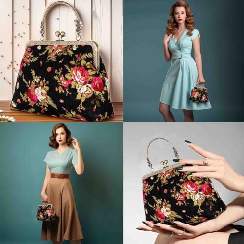 Floral Top-Handle Handbag, Kiss Lock Evening Bag I398