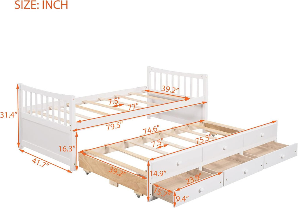 Twin White Wood Daybed with Trundle and Storage Drawers K68173