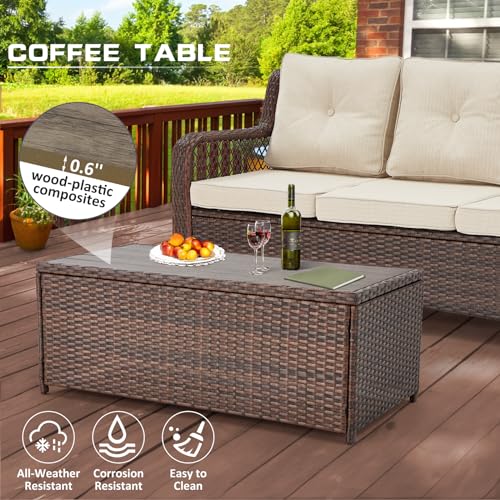 6 Pieces Swivel Rocking Chairs Patio Furniture Set Wicker Outdoor Conversations Sets with Table and Ottomans (Beige) Q667007