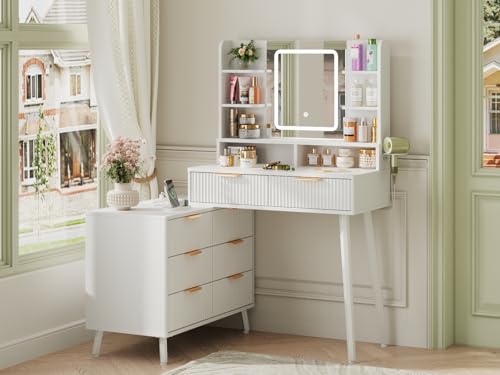 White L Shape Vanity Desk with Mirror and Lights, 8 Drawers & Shelves N1580