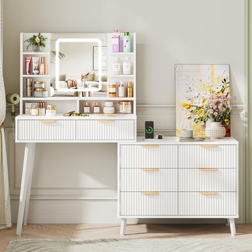 White L Shape Vanity Desk with Mirror and Lights, 8 Drawers & Shelves N1580