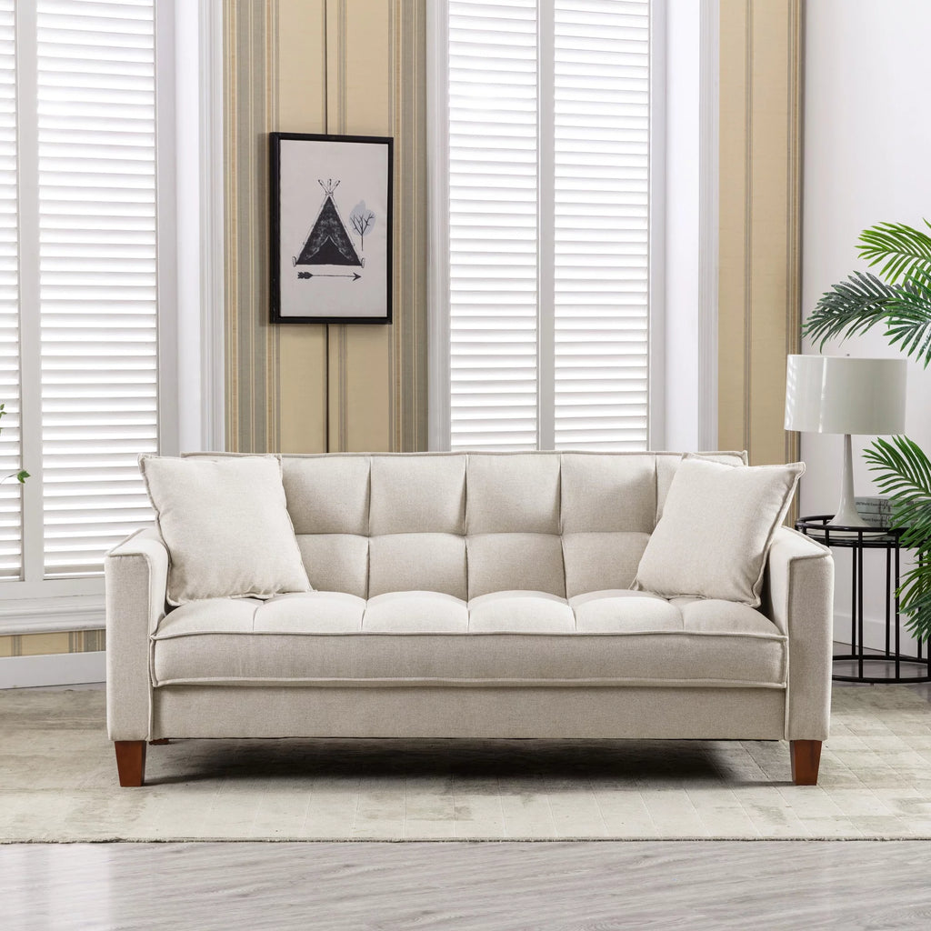 Mid-Century Linen Love Seat Sofa with 2 Pillows and Solid Wood Legs N724