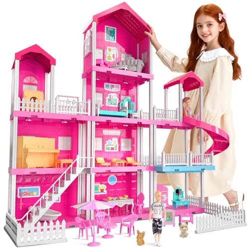 Pink Girl House Playset with 4 Storeys 10-Room and 2 Dolls Q379