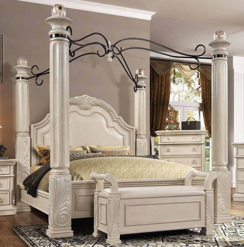 Antique White Solid Hardwood King Canopy Bed I722872