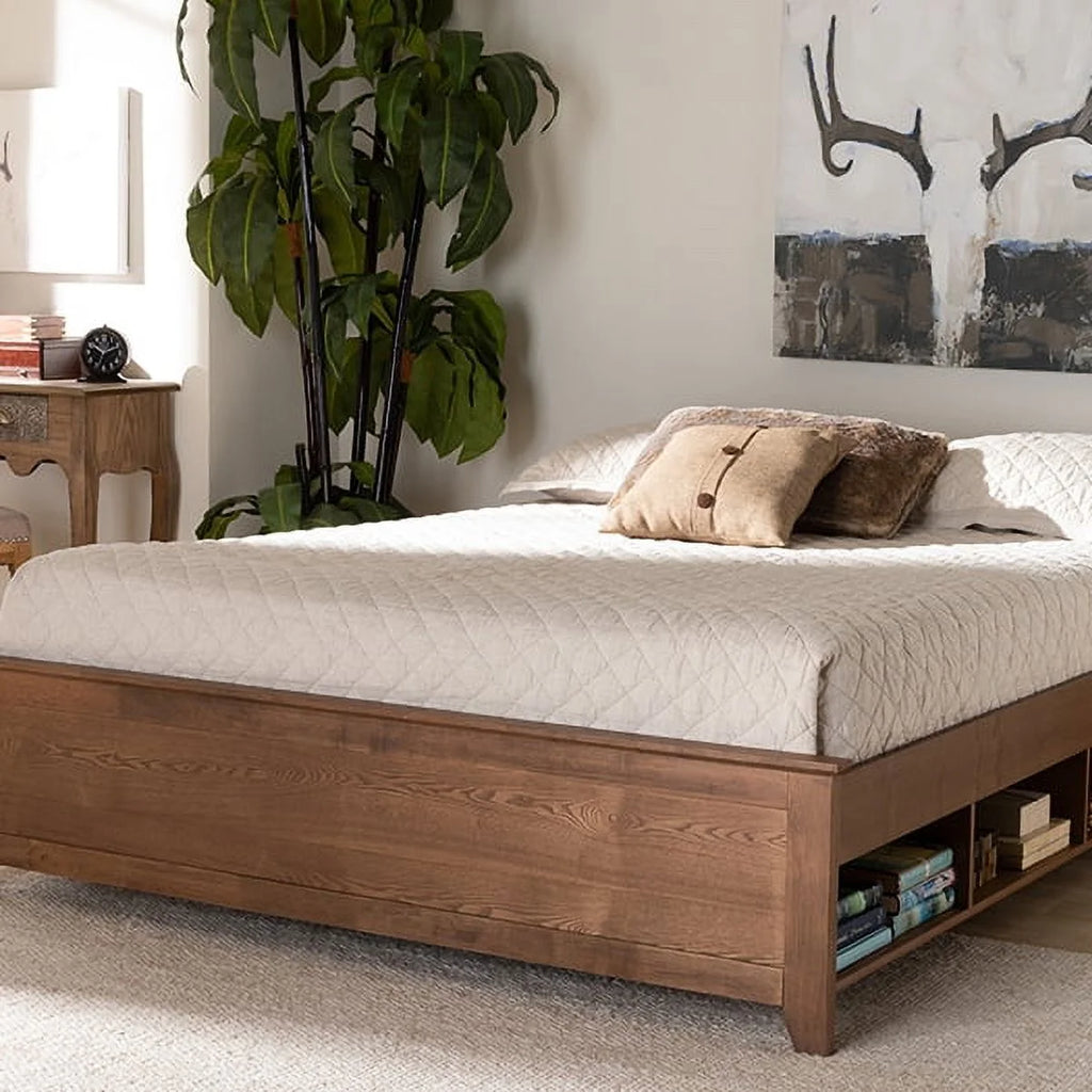 Queen Size Ash Walnut Brown Wood Storage Bed Frame Q1821