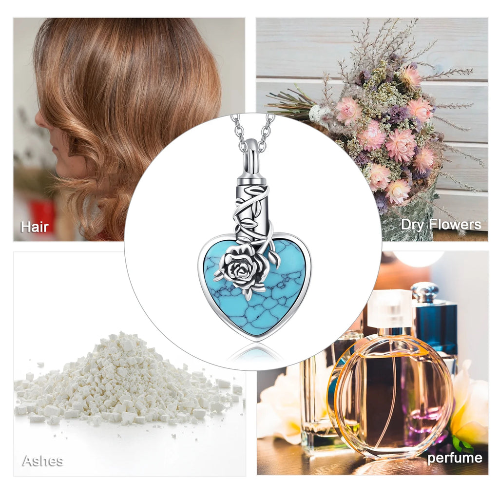 Natural Turquoise Urn Necklace Sterling Silver Heart Pendant Necklaces for Ashes U627330