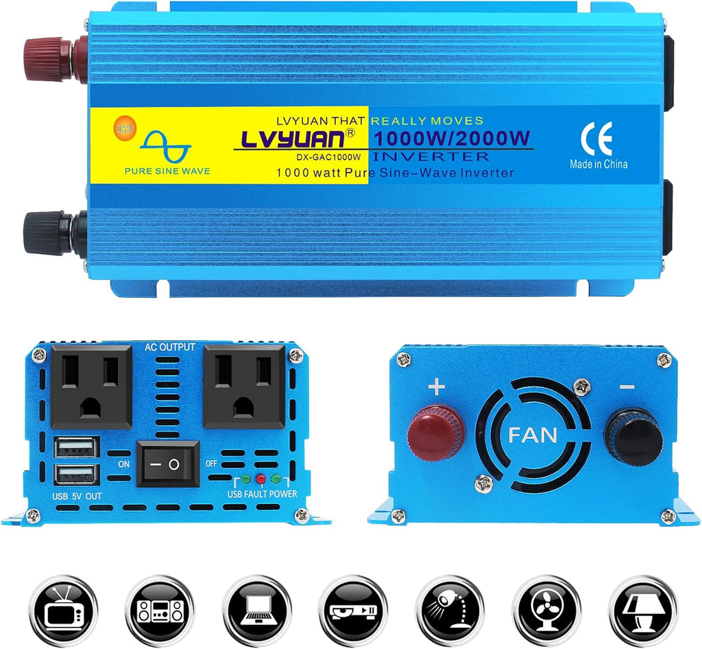 4000W Pure Sine Wave Power Inverter 12V DC to 110V 120V AC with 4 AC Outlets and 3.1A USB Port V9502