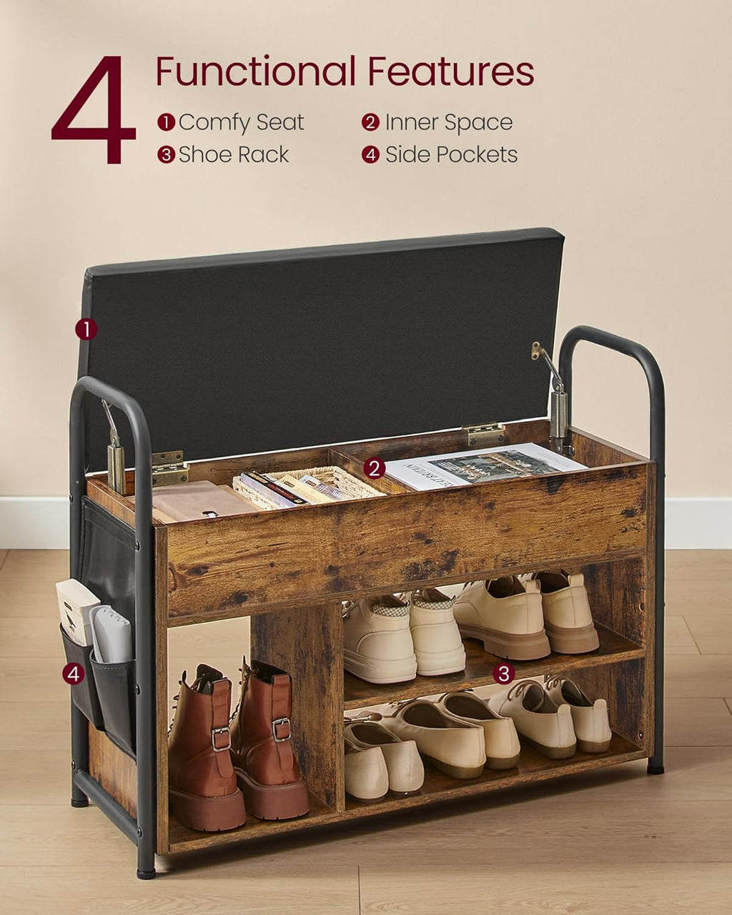 Rustic Brown and Ink Black Shoe Bench with Storage L3936