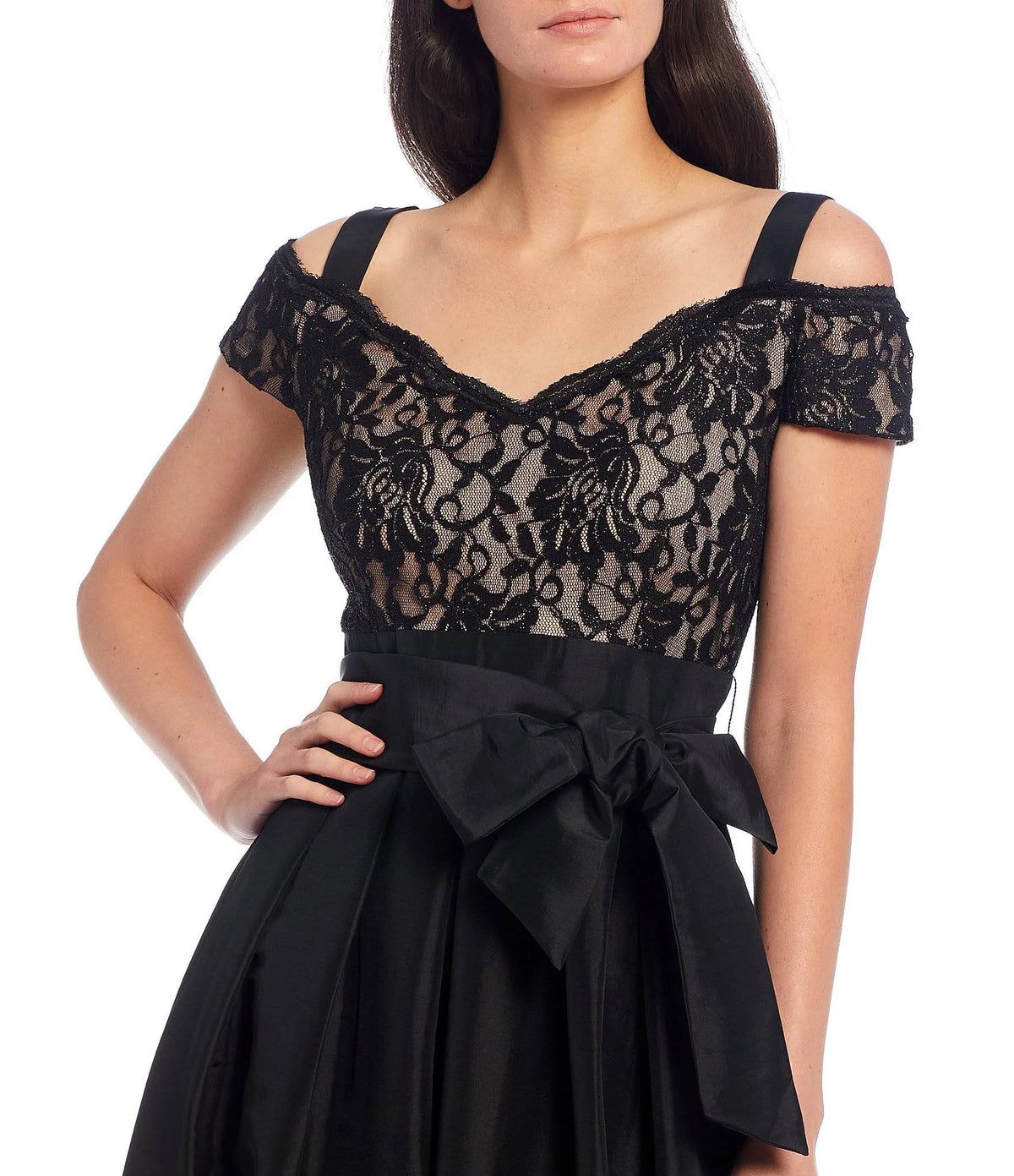 Black Taupe Lace Cold-Shoulder Gown T715790