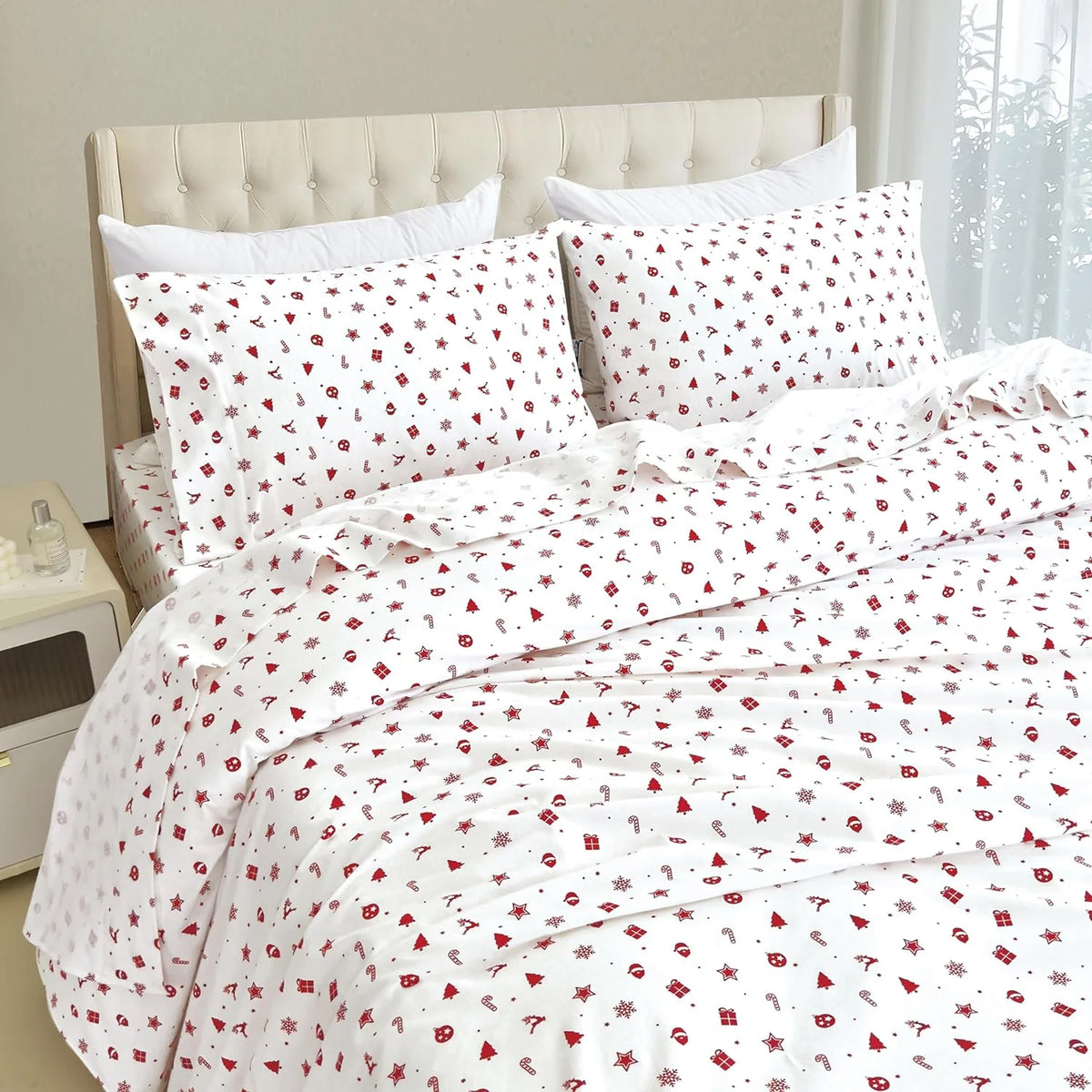 King Flannel Sheets - 4-Piece 100% Turkish Cotton, Red Stars, Deep Pocket R964