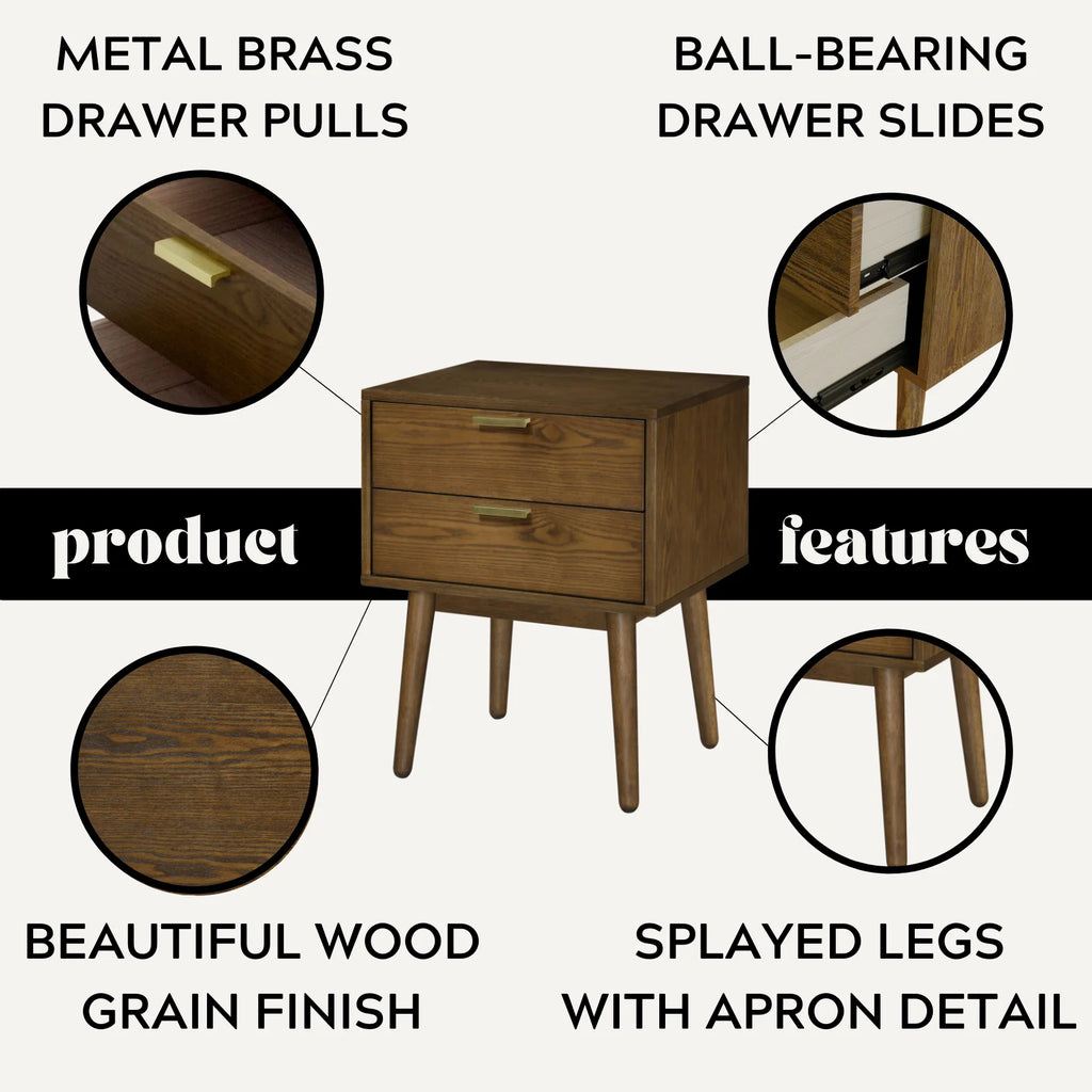 Walnut & Gold Two Drawer Nightstand U452