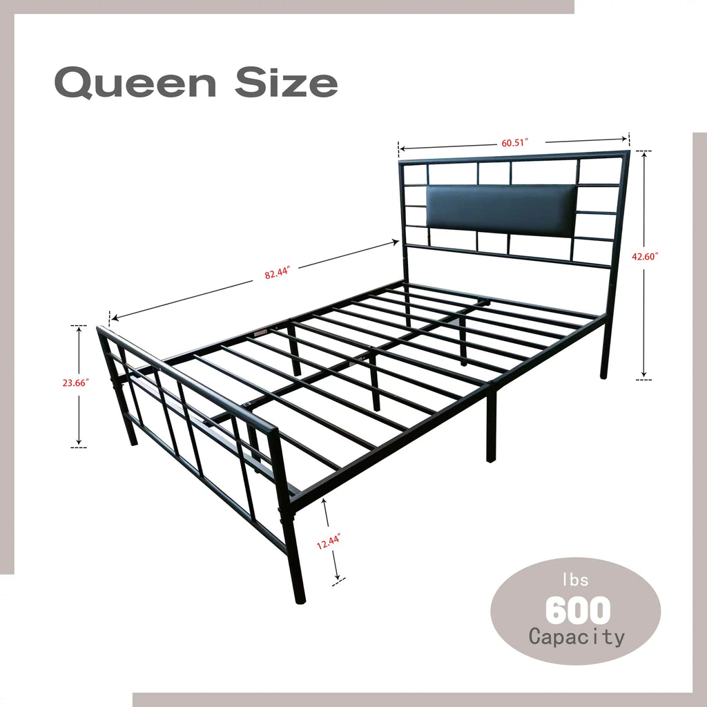 Queen Size Black Metal Platform Bed Frame with Leather Upholstered Headboard W842942