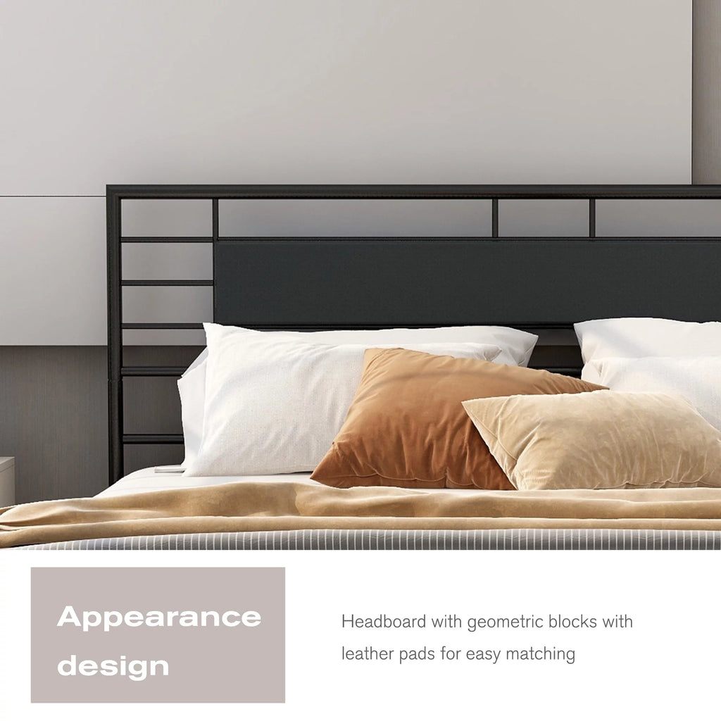 Queen Size Black Metal Platform Bed Frame with Leather Upholstered Headboard W842942