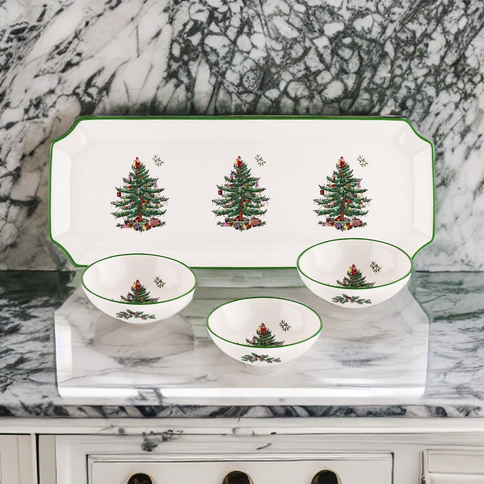 4 Piece Rectangular Tray with 3 Dip Bowls, Fine Earthenware P51604