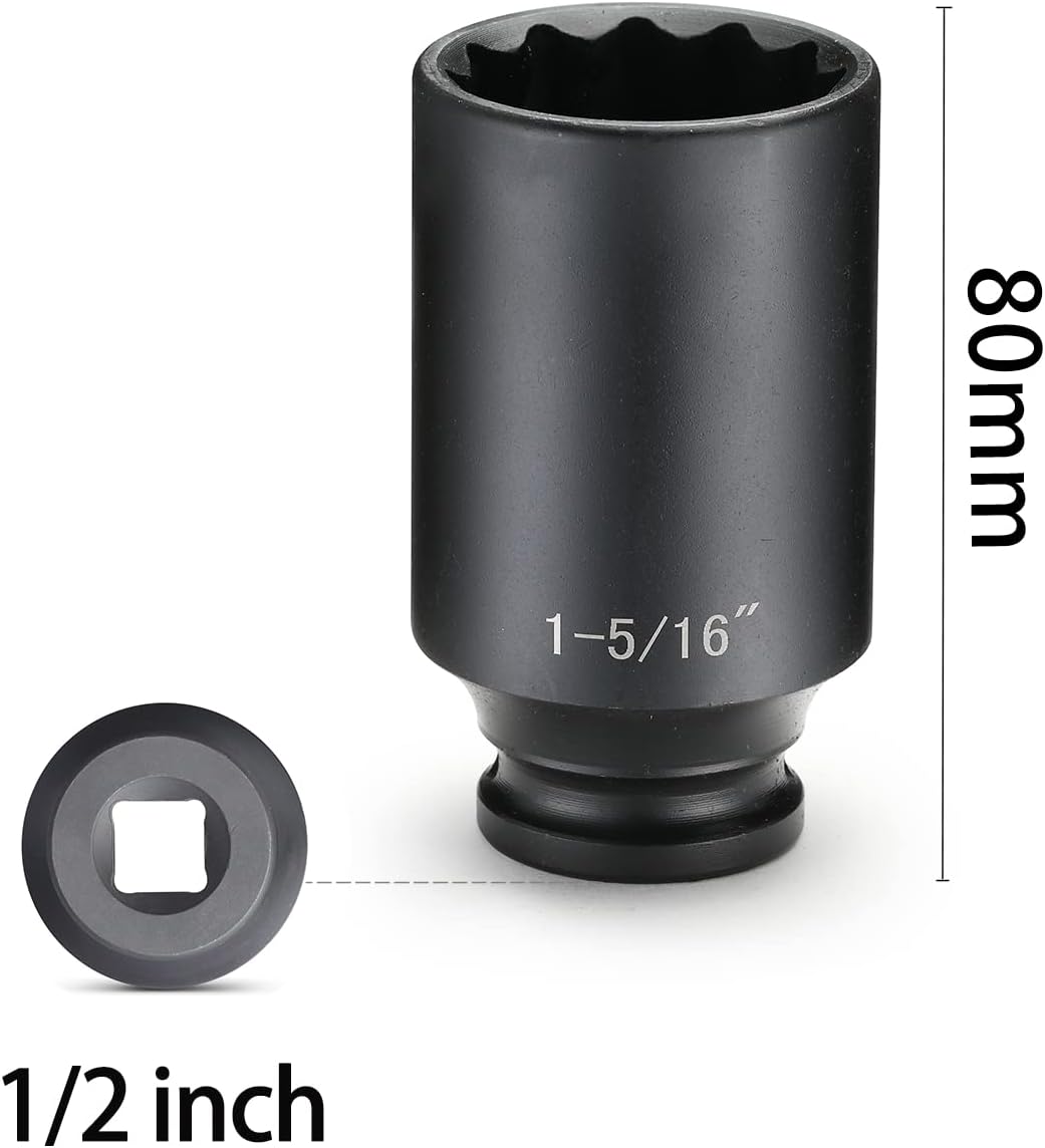 1/2 Inch Deep Impact Socket Set, 12-Point, 5 PCS, Cr-Mo, with Storage Case U127955