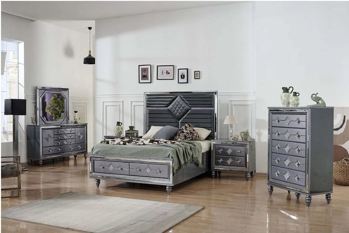 Dark Gray King Storage Bed with Dresser Mirror Nightstand B1576