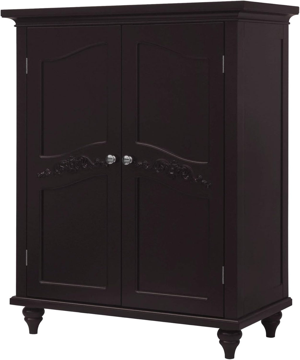 Freestanding Floor Cabinet with 2 Floral Scroll Doors and 2 Adjustable Shelves, Dark Espresso M346