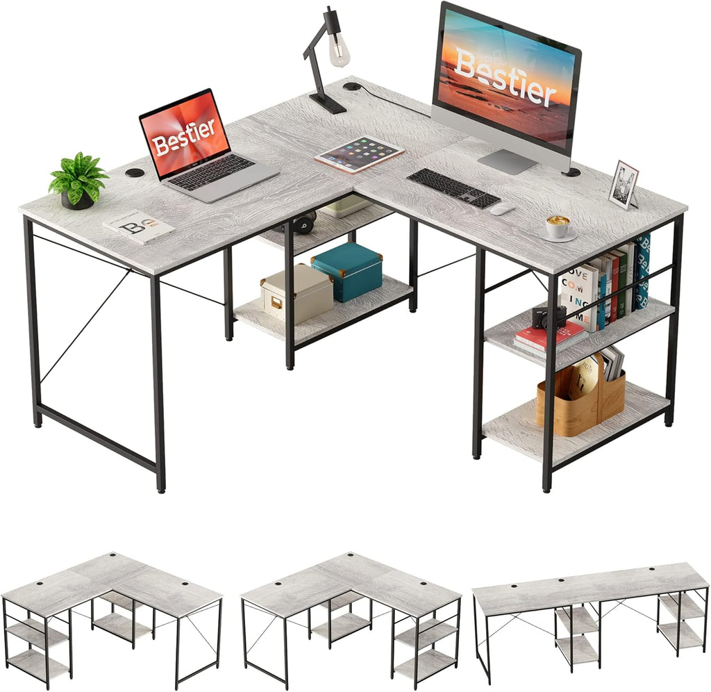 Grey Oak L Shaped Desk with Shelves 95.2 Inch Reversible Corner Computer Desk S893