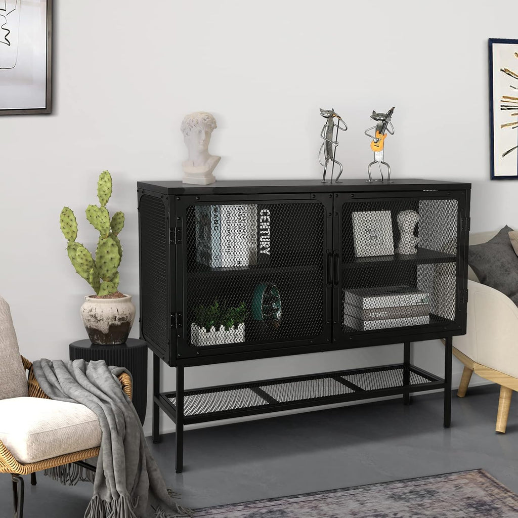 Industrial Cabinet Console Table with 2 Mesh Doors Adjustable Shelf and Feet Bottom Shelf Anti-Tip Dust-Free Kitchen Credenza Sideboard Frosted Q808557