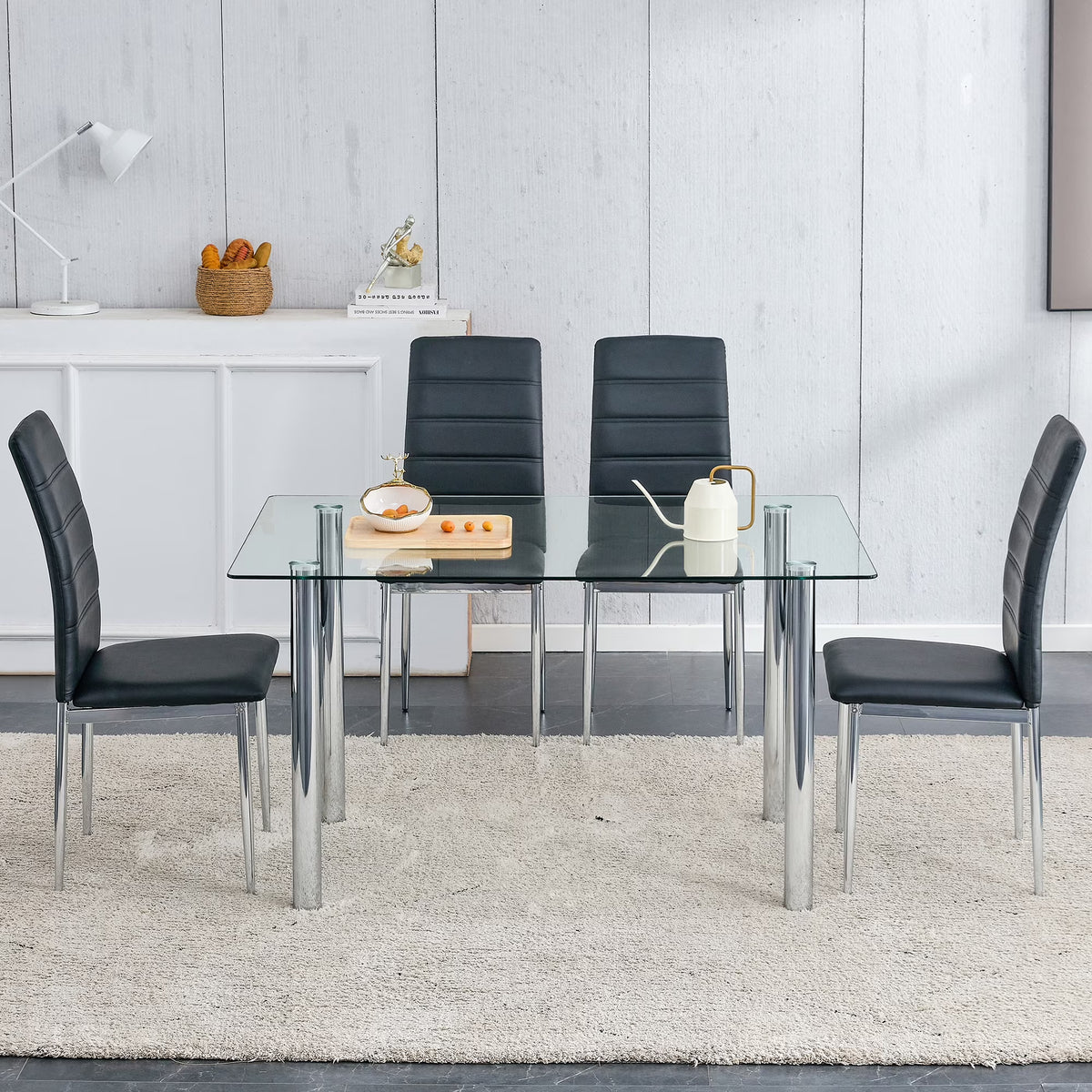 5 Piece Glass Dining Table Set with 4 Black PU Leather Chairs and Metal Legs I27734