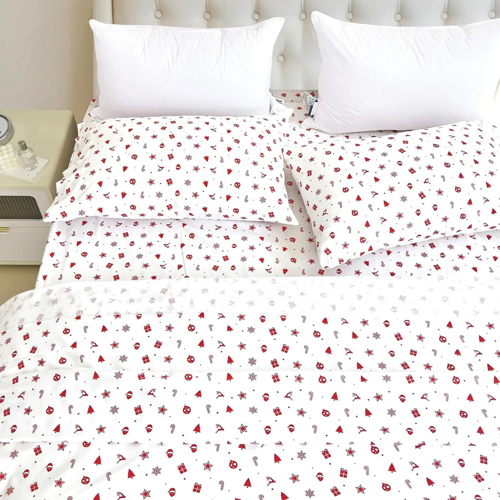 King Flannel Sheets - 4-Piece 100% Turkish Cotton, Red Stars, Deep Pocket R964