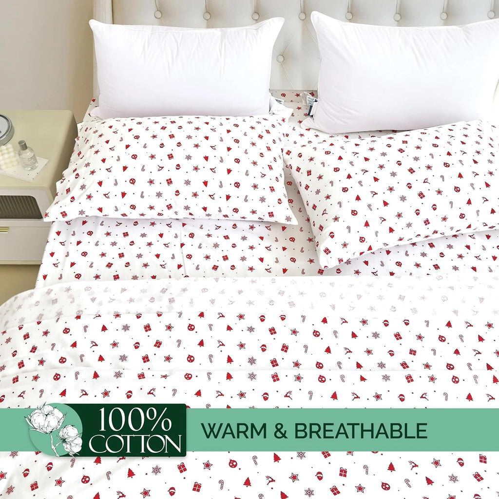 King Flannel Sheets - 4-Piece 100% Turkish Cotton, Red Stars, Deep Pocket R964