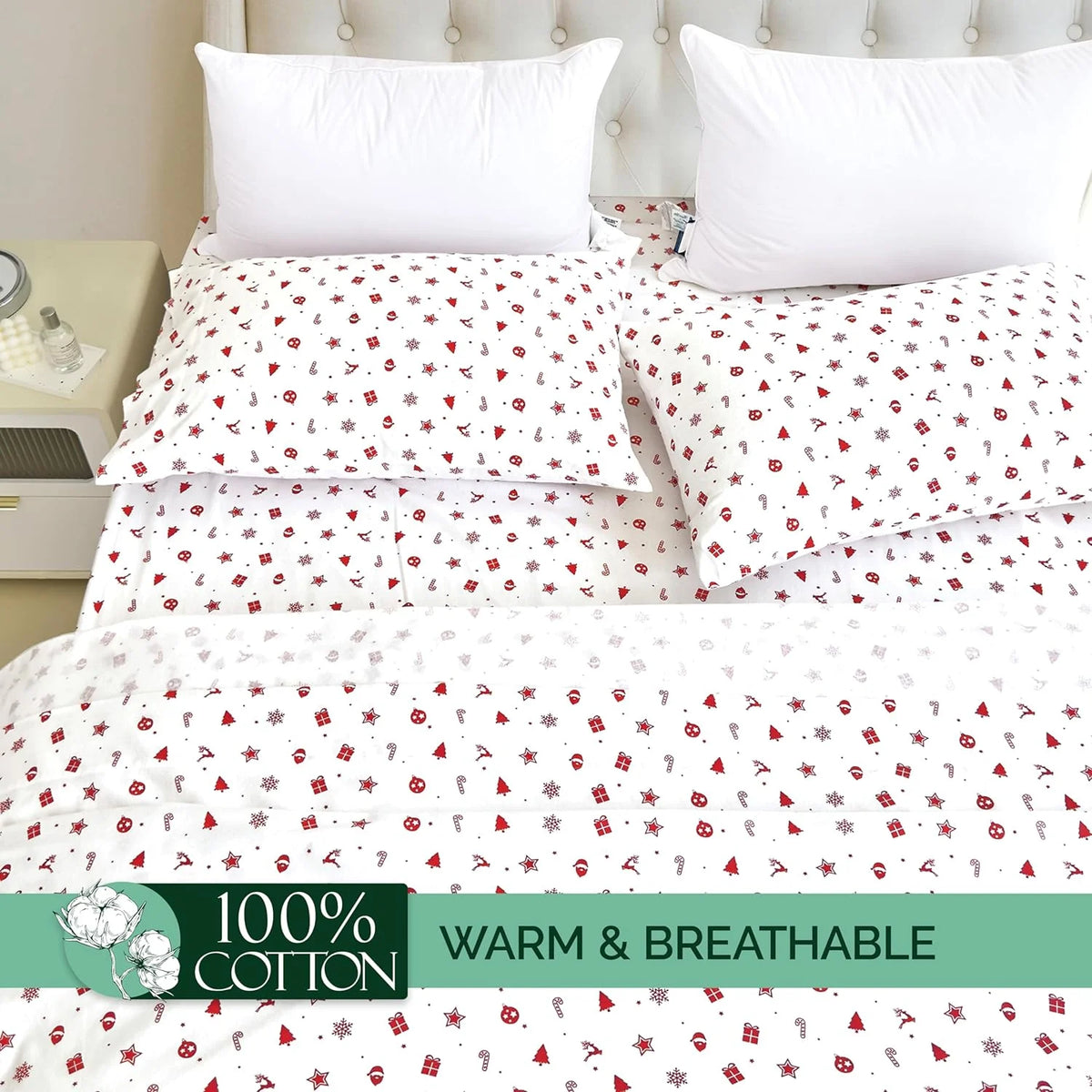 King Flannel Sheets - 4-Piece 100% Turkish Cotton, Red Stars, Deep Pocket R964