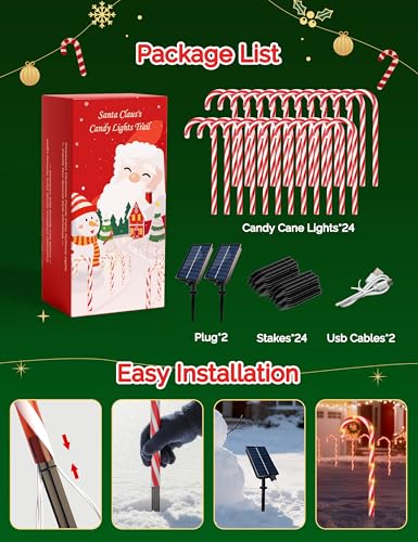 24 Pack Solar Christmas Candy Cane Lights with 168 Warm Lights U761