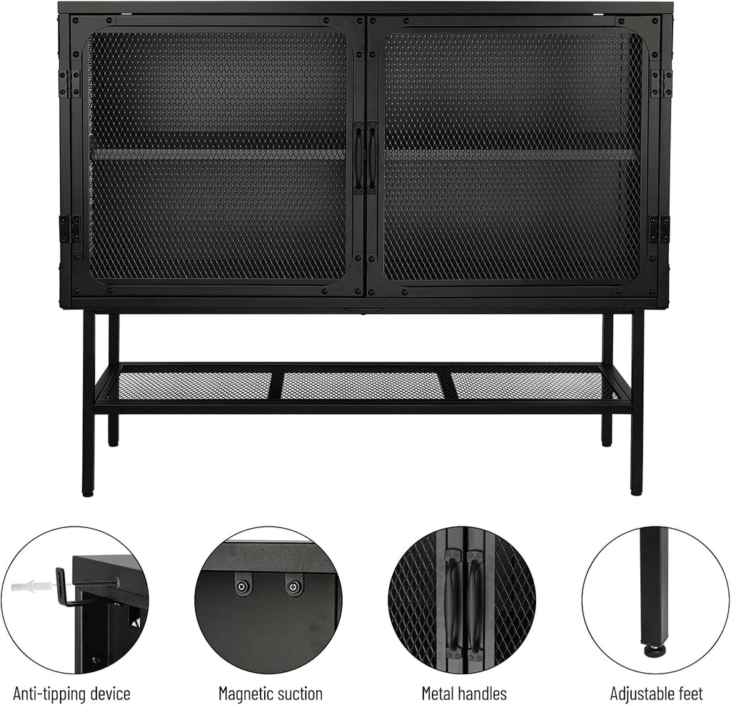 Industrial Cabinet Console Table with 2 Mesh Doors Adjustable Shelf and Feet Bottom Shelf Anti-Tip Dust-Free Kitchen Credenza Sideboard Frosted Q808557
