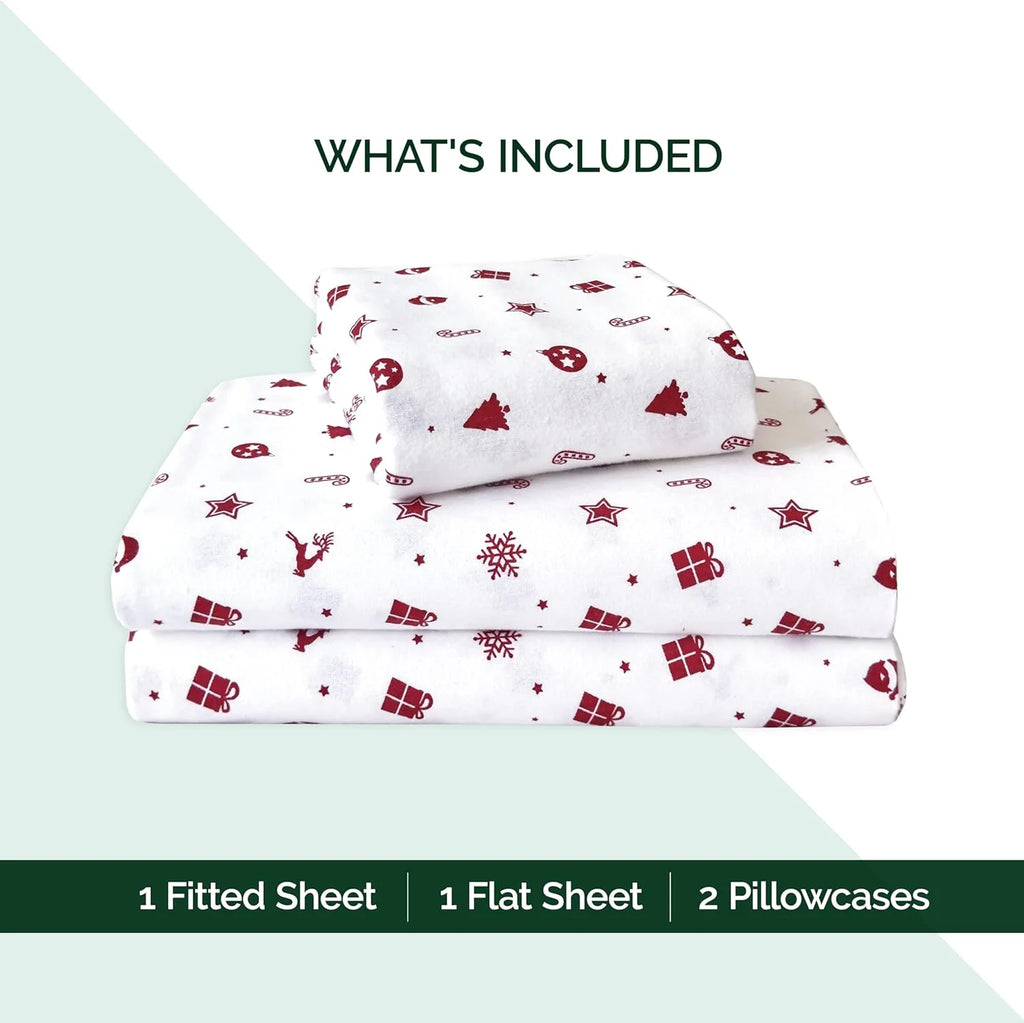 King Flannel Sheets - 4-Piece 100% Turkish Cotton, Red Stars, Deep Pocket R964