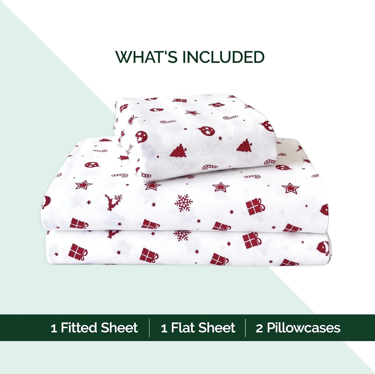 King Flannel Sheets - 4-Piece 100% Turkish Cotton, Red Stars, Deep Pocket R964