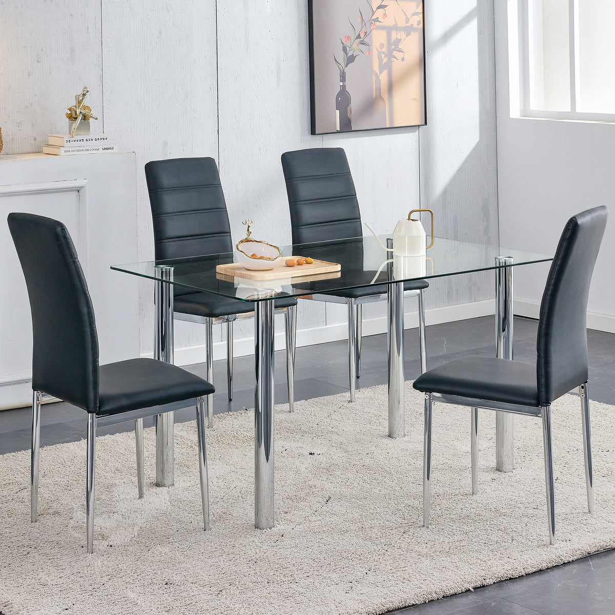5 Piece Glass Dining Table Set with 4 Black PU Leather Chairs and Metal Legs I27734
