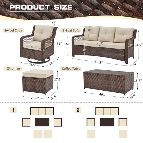 6 Pieces Swivel Rocking Chairs Patio Furniture Set Wicker Outdoor Conversations Sets with Table and Ottomans (Beige) Q667007