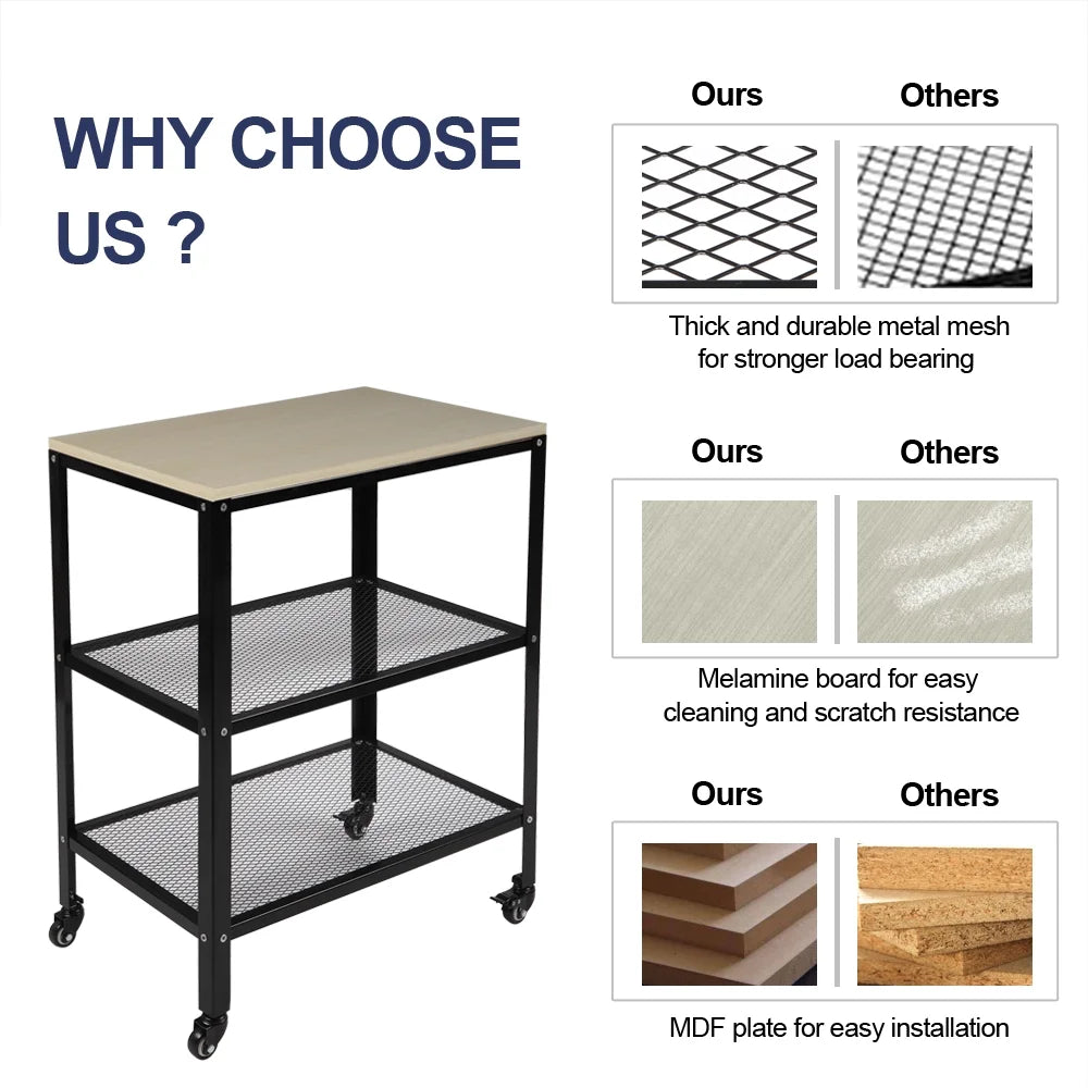 White 3-Tier Metal Rolling Kitchen Cart W656844