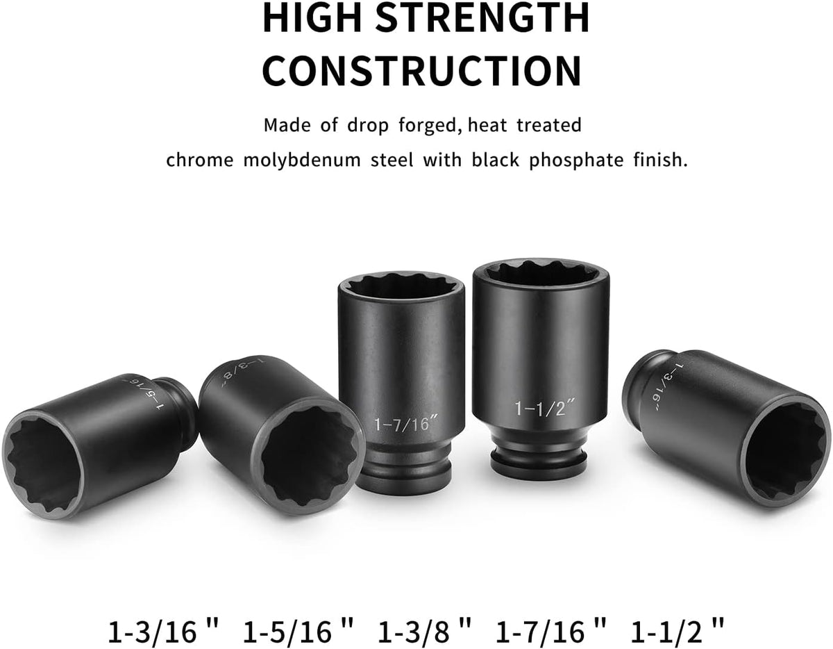 1/2 Inch Deep Impact Socket Set, 12-Point, 5 PCS, Cr-Mo, with Storage Case U127955