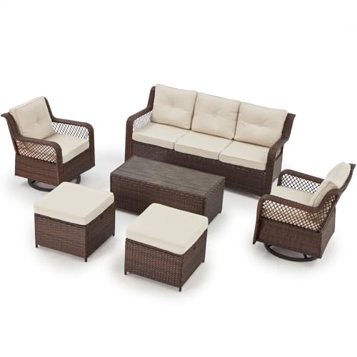 6 Pieces Swivel Rocking Chairs Patio Furniture Set Wicker Outdoor Conversations Sets with Table and Ottomans (Beige) Q667007